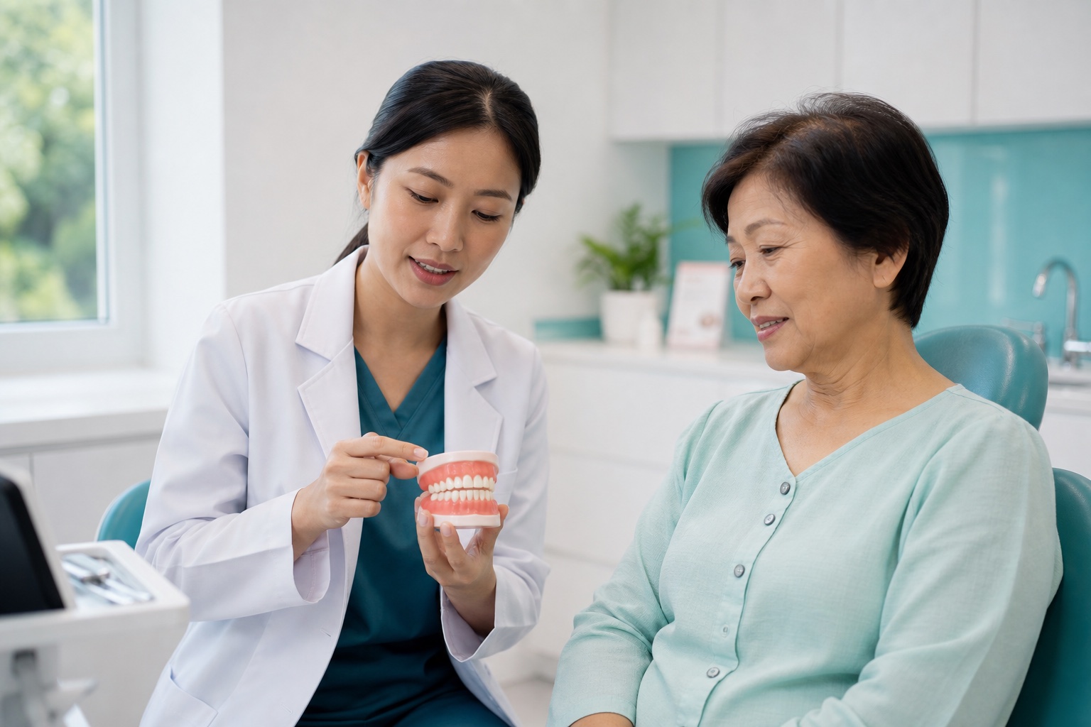 Dentist explaining a removable denture to an older patient