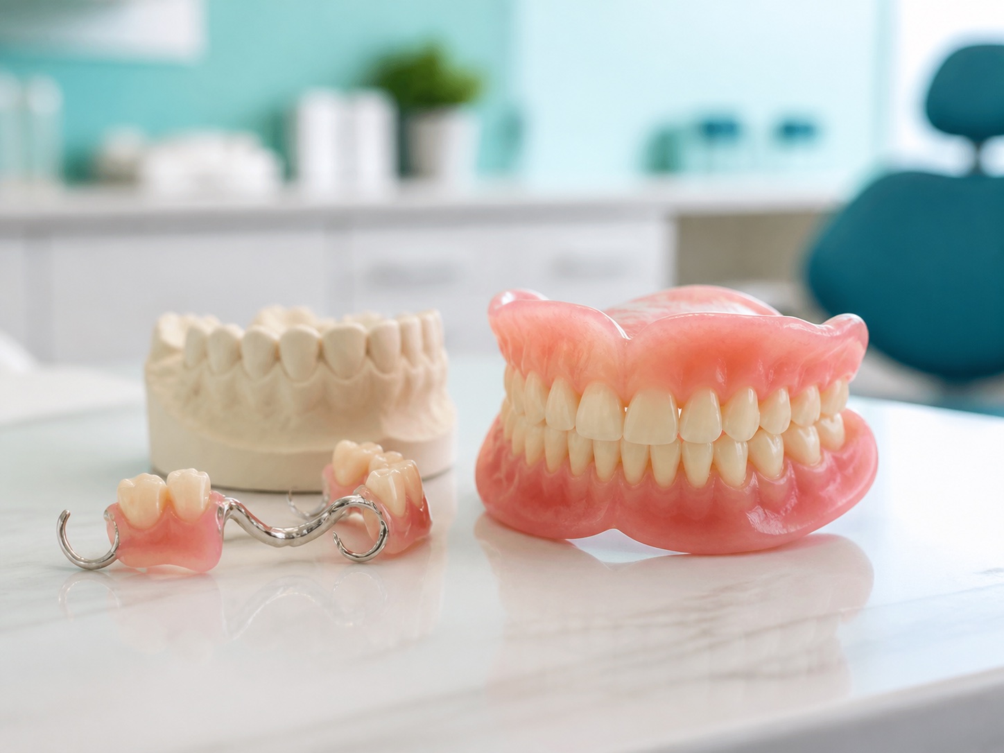 Complete and partial dentures displayed beside a dental model