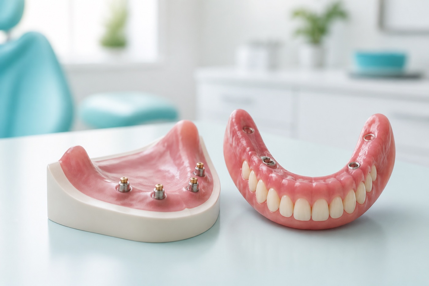 Dental model showing a removable overdenture and four implant attachment points