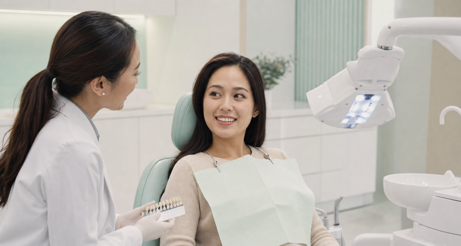 Dentist discussing LED teeth whitening with a patient at Teeth Q