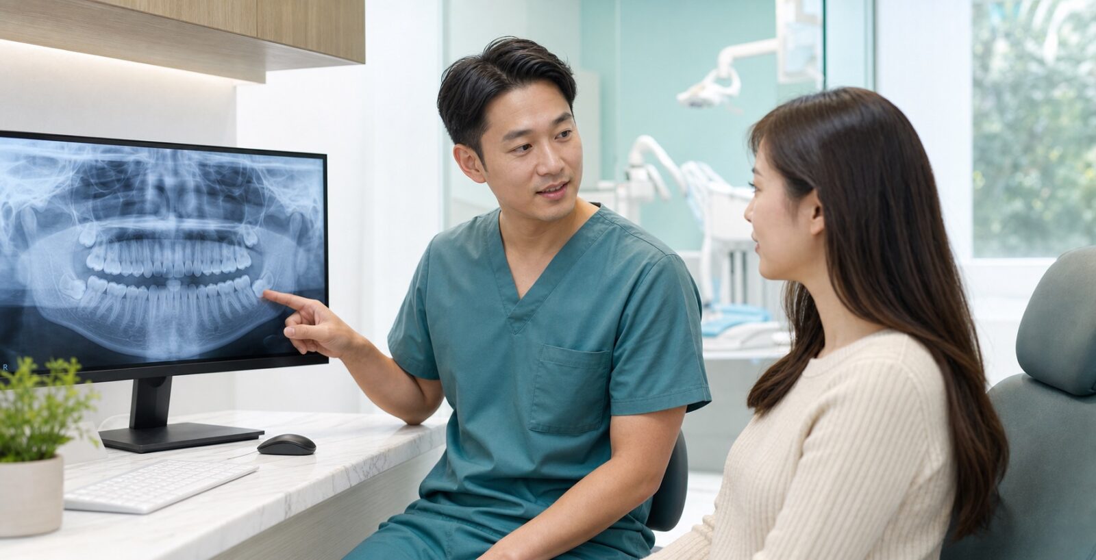 Dentist explaining a panoramic dental X-ray during a wisdom tooth consultation