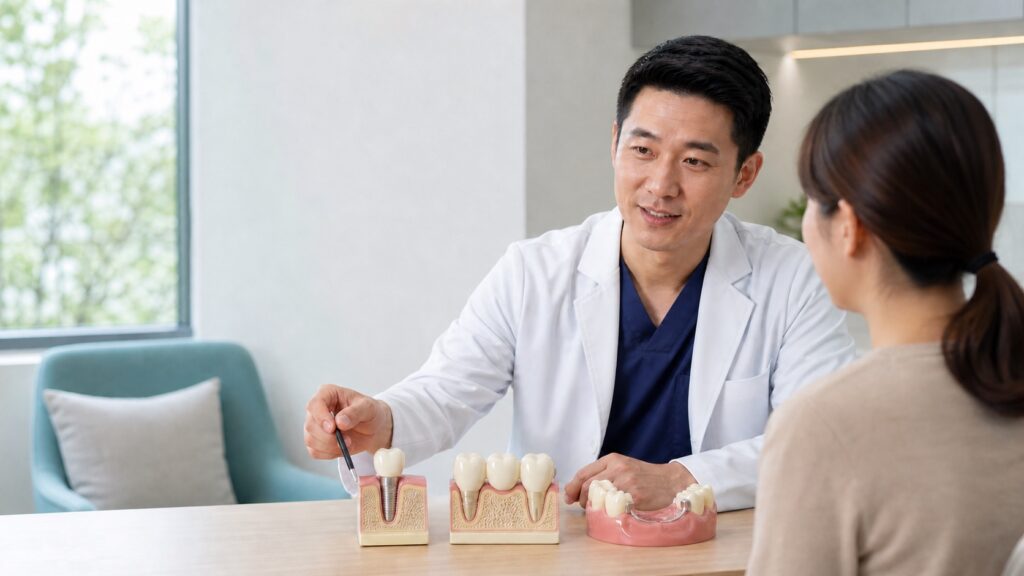 Dentist explaining dental implant, bridge and denture options to a patient