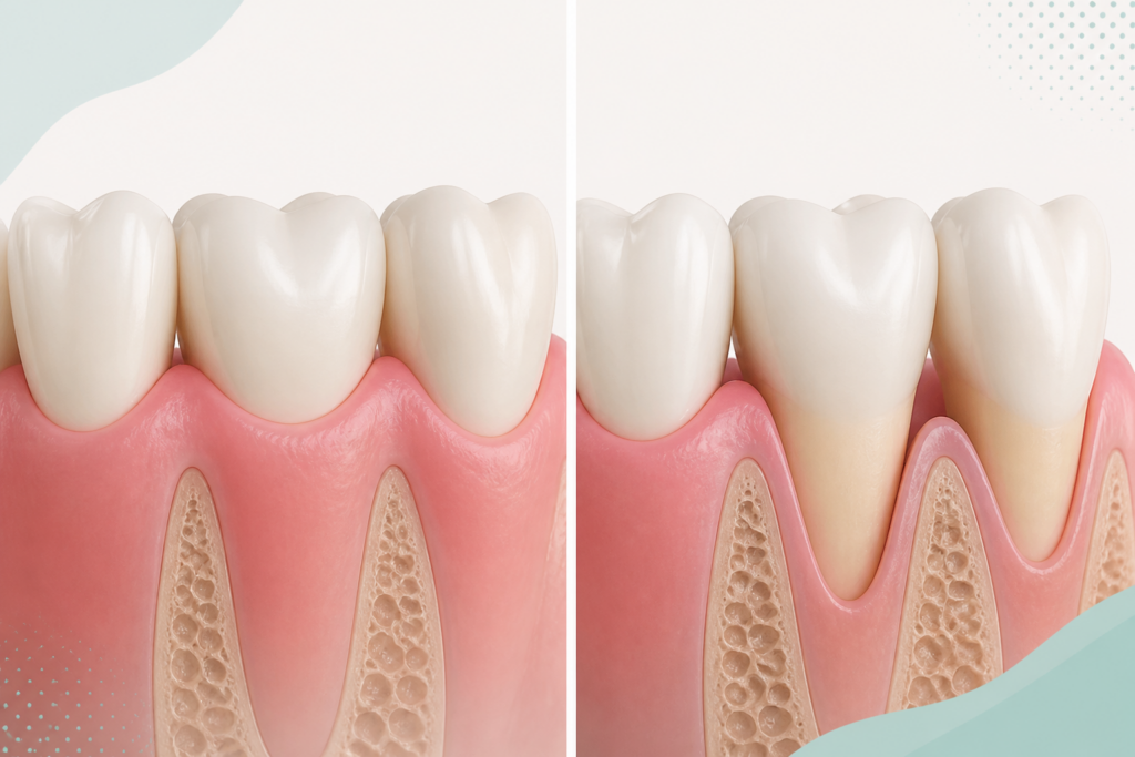 Illustration comparing a healthy gumline with an exposed tooth root caused by gum recession
