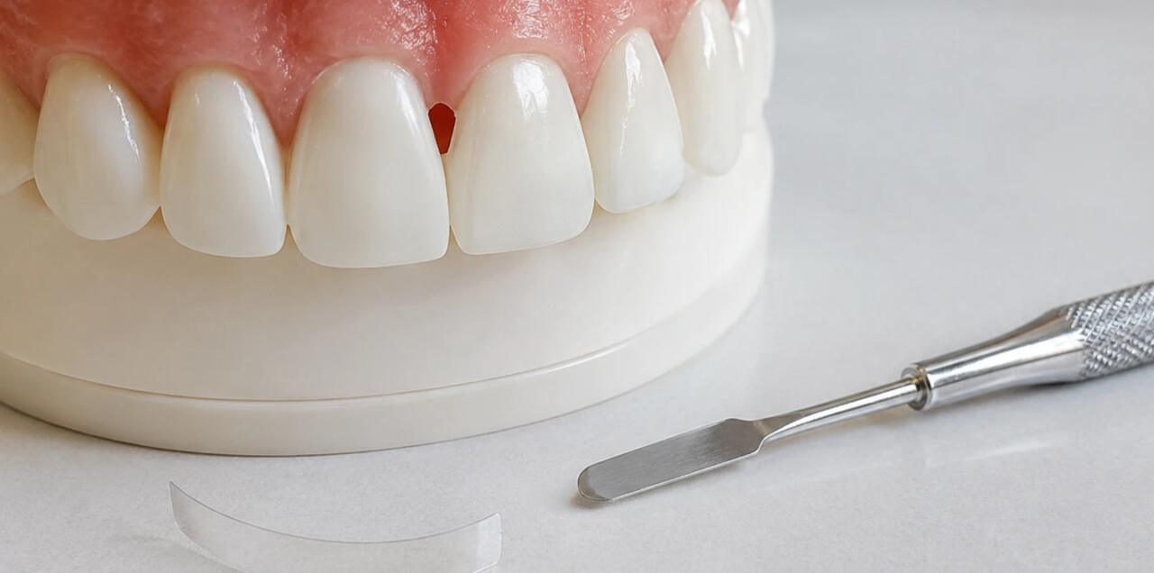 Dental model showing a black triangle between the upper front teeth, with clear matrices and a composite instrument used in Bioclear bonding