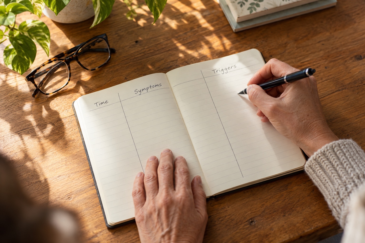 Hands recording symptoms in a notebook with time, symptoms and triggers headings; AI-generated illustration.