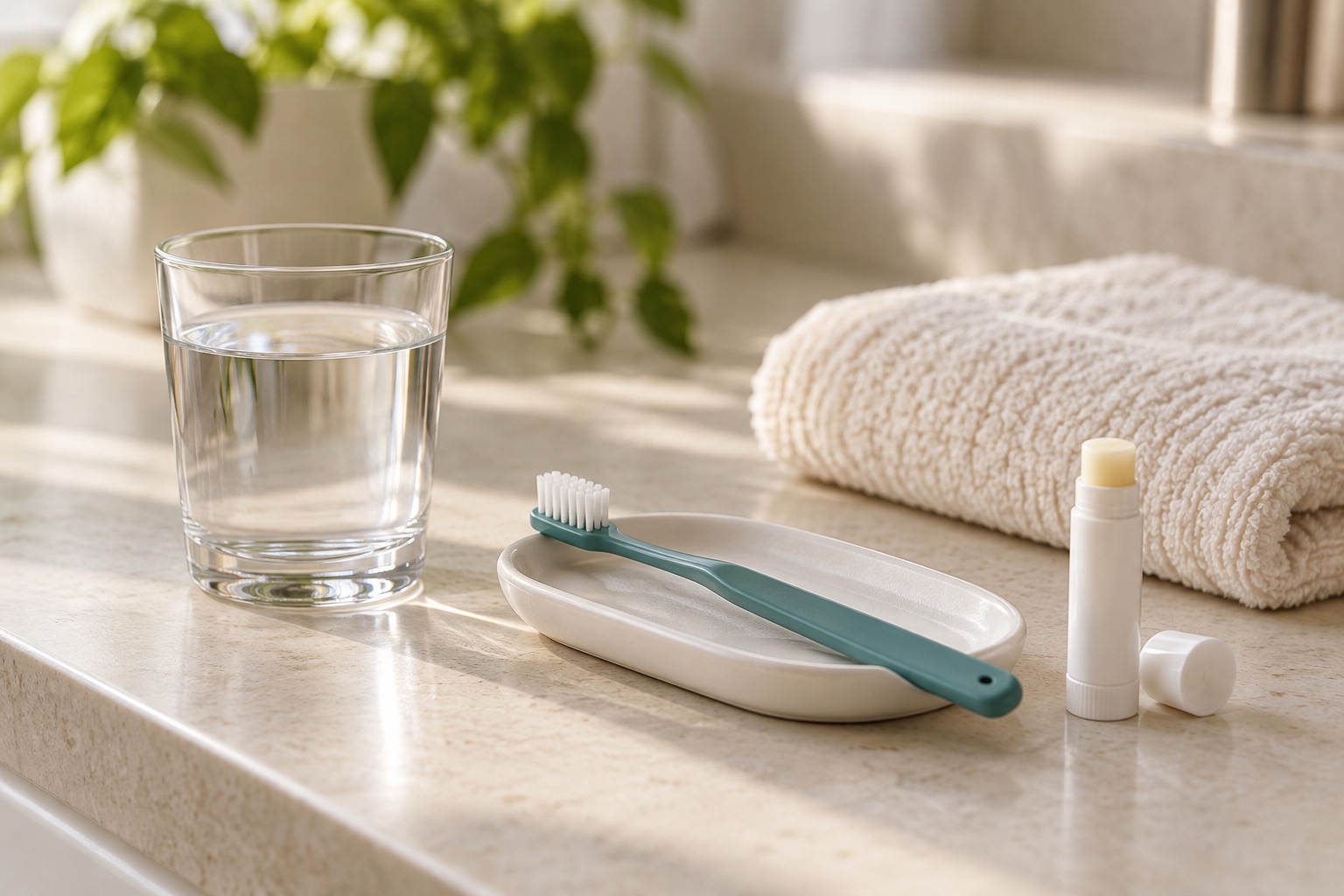 Glass of water, toothbrush and lip balm on a bathroom counter; AI-generated illustration.