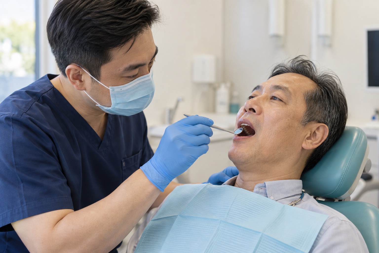 AI-generated illustrative photo of a dentist examining an adult patient’s mouth with a dental mirror.