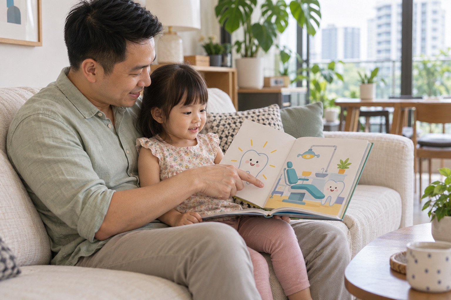 Father and child reading a picture book about visiting the dentist; AI-generated illustrative people.