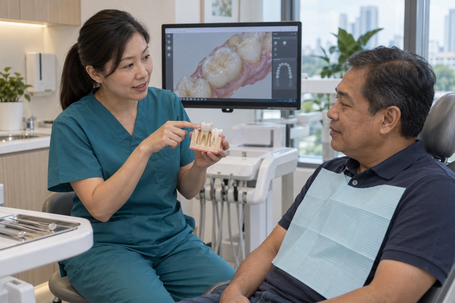 Dentist holding a dental model and explaining a crown to a seated patient, with a tooth scan on the monitor behind