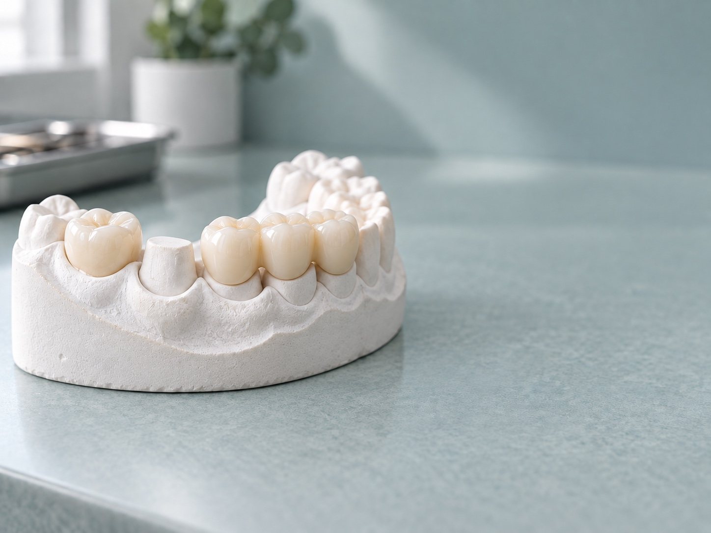 Zirconia dental crown and a three-unit dental bridge on a plaster study model of a lower jaw