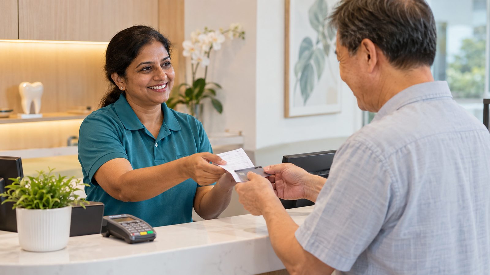 Patient settling a dental bill at the clinic reception counter