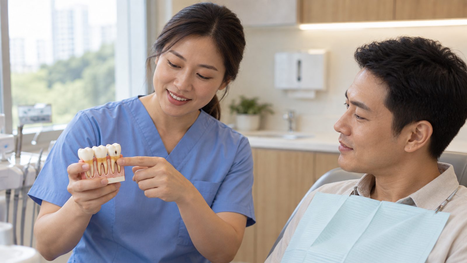 Dentist showing a patient the gum line on a tooth model to explain exposed root surfaces; AI-generated illustrative people.
