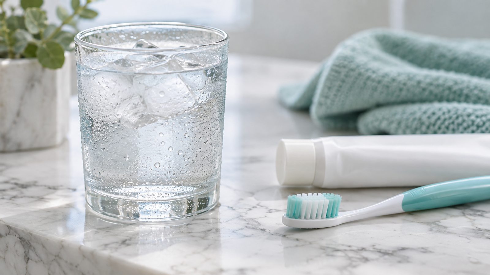 A glass of iced water beside a soft-bristled toothbrush and toothpaste on a bathroom counter.