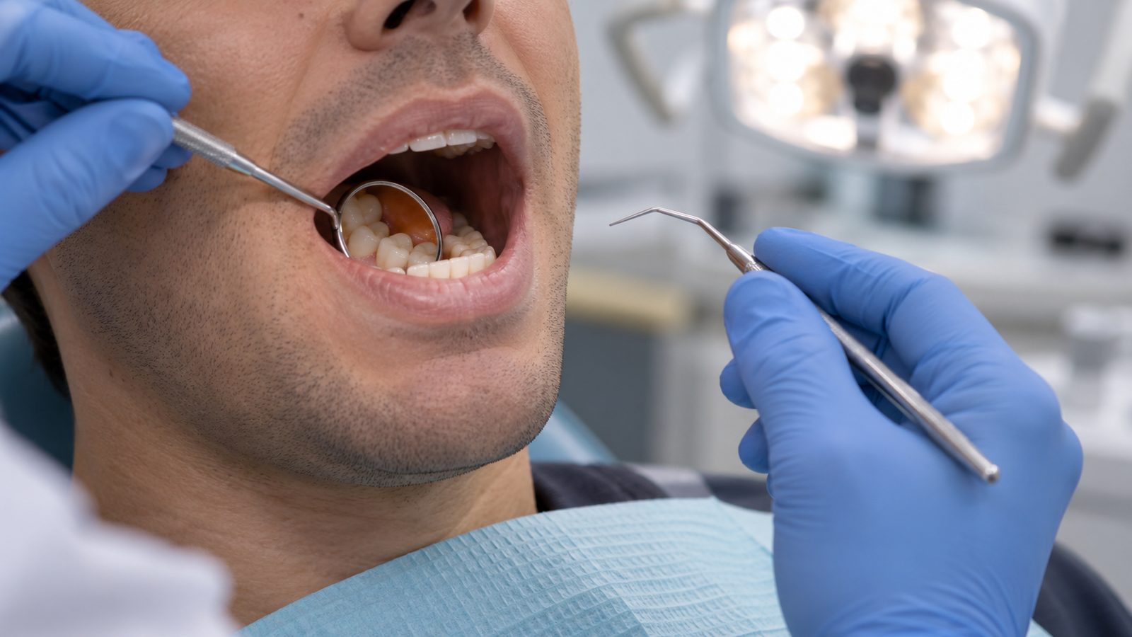Dentist examining a patient's lower back molars with a mouth mirror